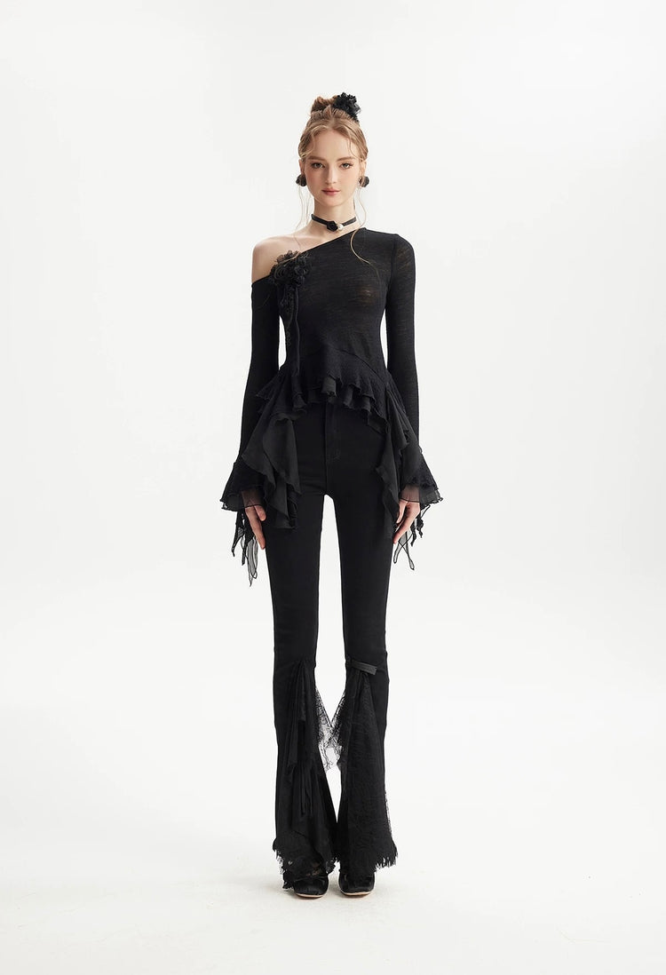 One-Shoulder Floral Decorated Ruffle Top