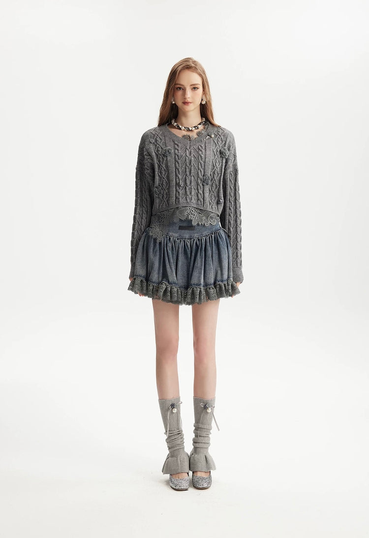 Lace Patchwork Pleated Skirt