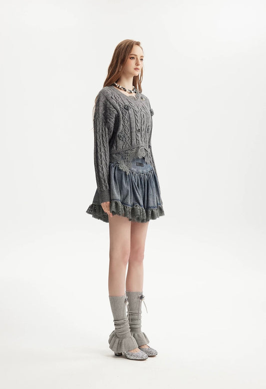 Lace Patchwork Pleated Skirt