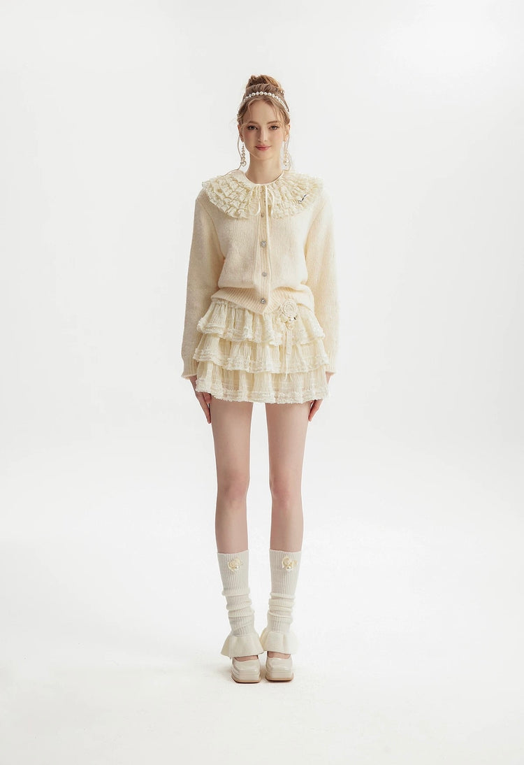 Lace Peter Pan Collar with Rhinestone Button Sweater