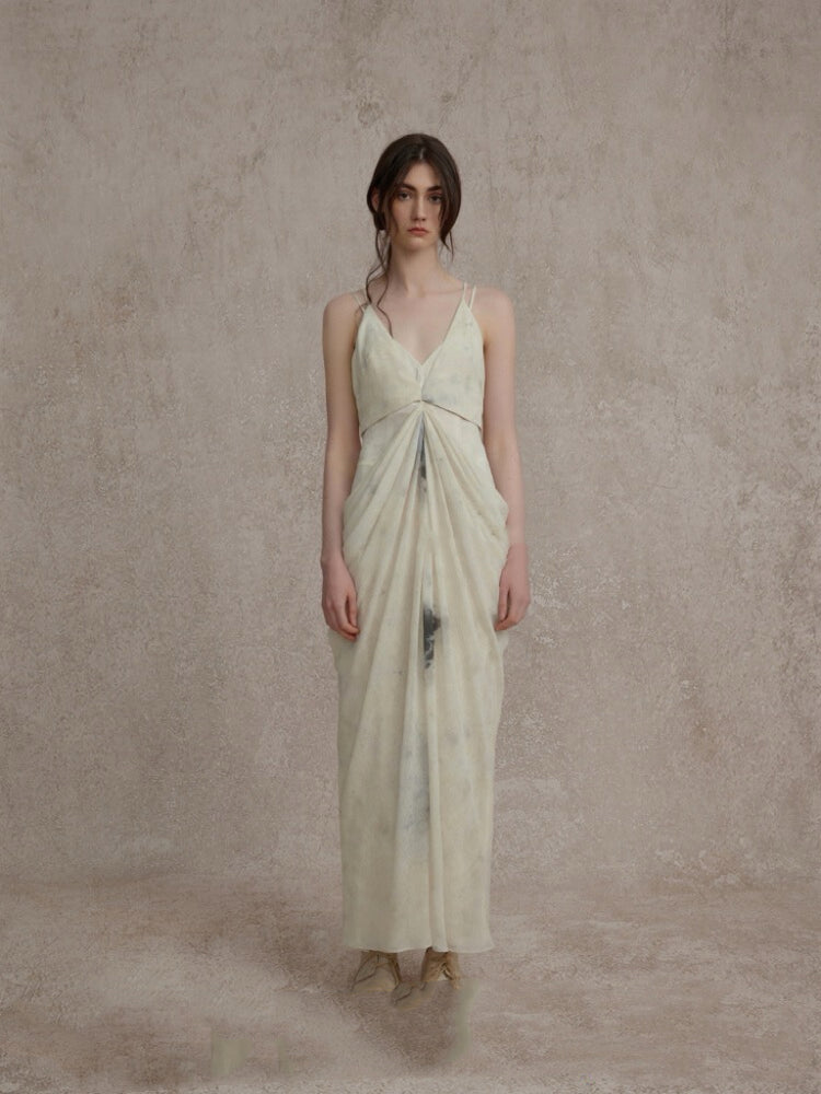 Beige Double-Layered Pleated Dress