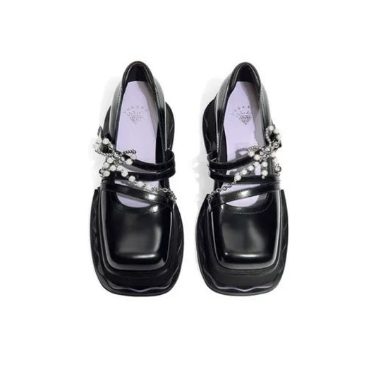 Square-toe Wavy Thick-soled Mary Jane Shoes