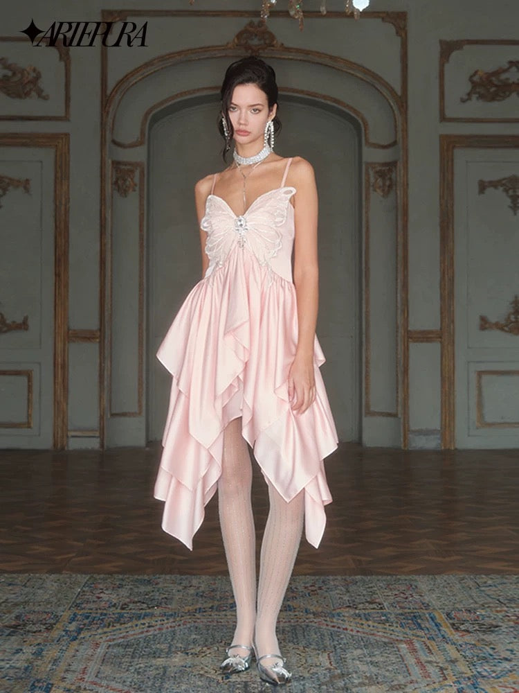 Peach-pink Butterfly Lace Camisole Dress