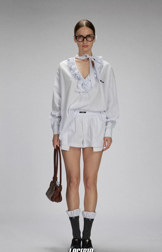 Ruffled V-Neck Loose Shirt