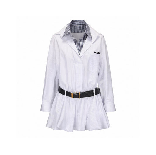 Small Check Double-Collar Low-Waist Shirt Dress