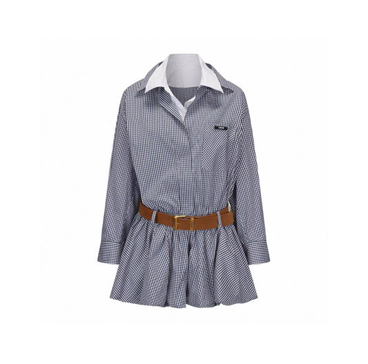 Small Check Double-Collar Low-Waist Shirt Dress