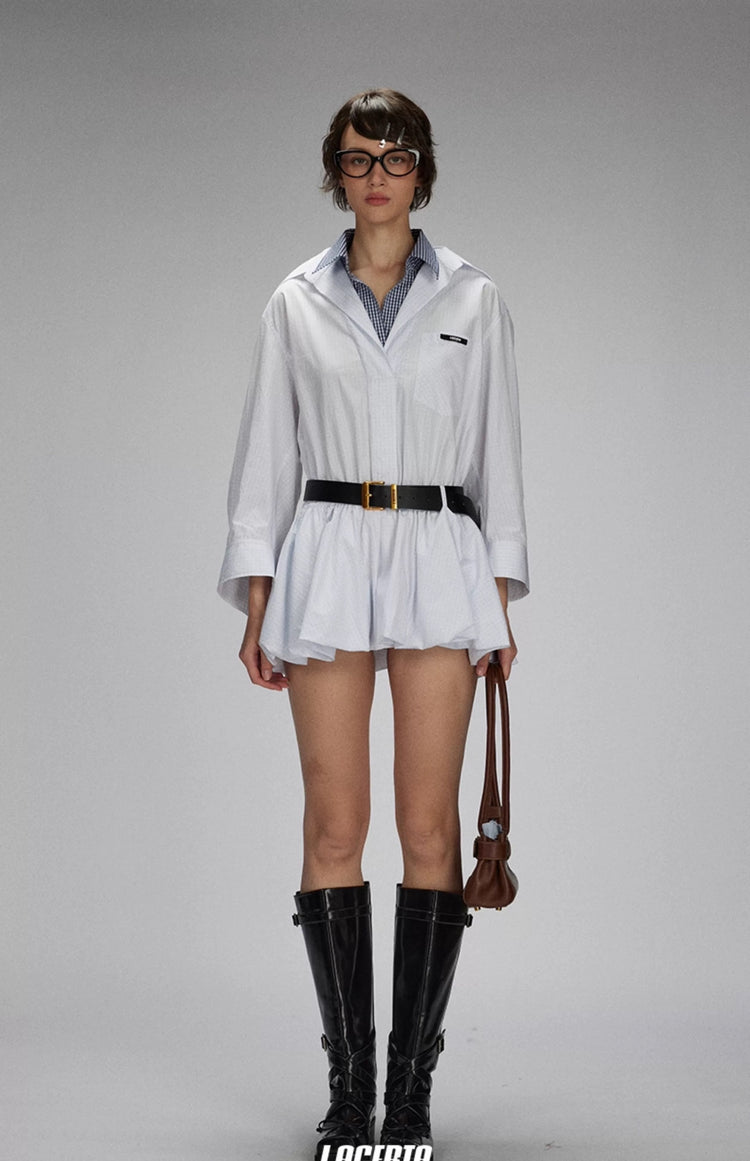 Small Check Double-Collar Low-Waist Shirt Dress