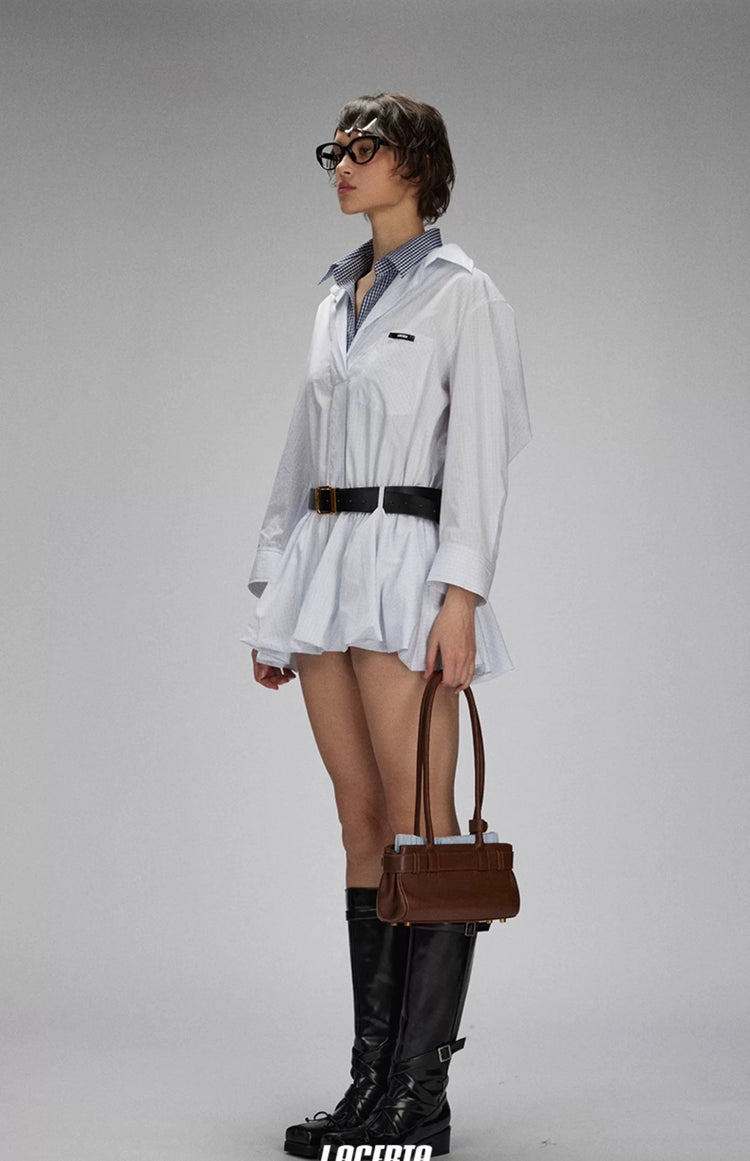 Small Check Double-Collar Low-Waist Shirt Dress