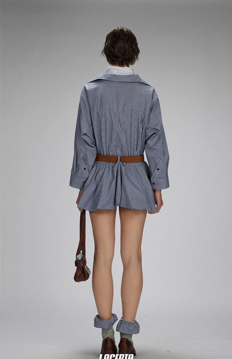 Small Check Double-Collar Low-Waist Shirt Dress