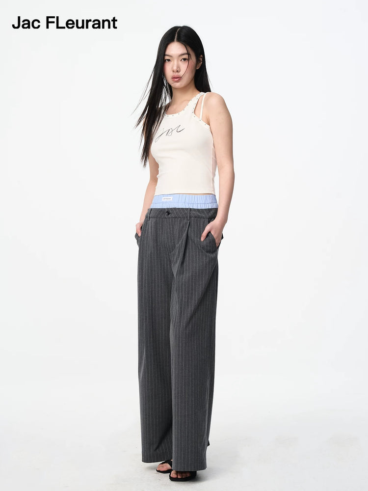 Fake Two-Piece Patchwork Double Waist Striped Trousers