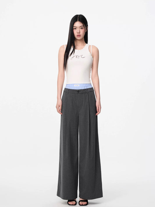Fake Two-Piece Patchwork Double Waist Striped Trousers