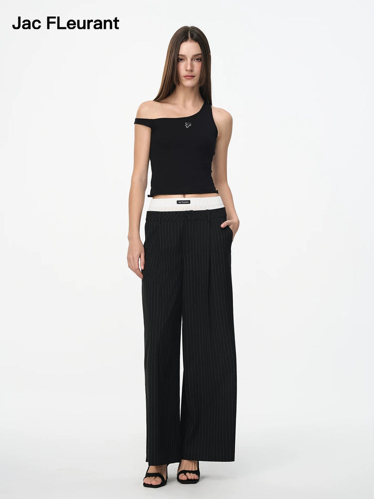 Fake Two-Piece Patchwork Double Waist Striped Trousers