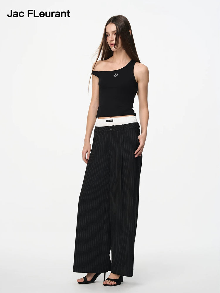 Fake Two-Piece Patchwork Double Waist Striped Trousers