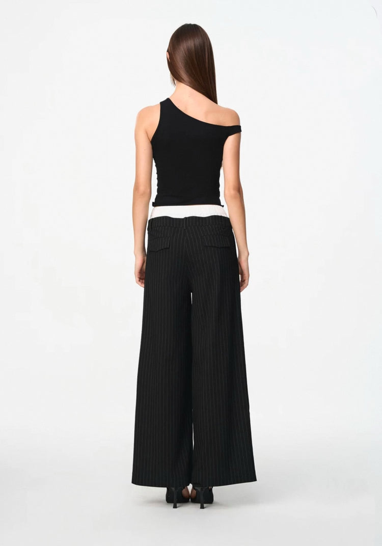 Fake Two-Piece Patchwork Double Waist Striped Trousers