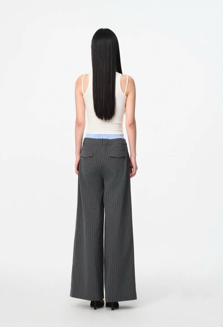 Fake Two-Piece Patchwork Double Waist Striped Trousers