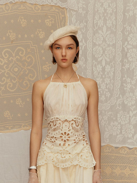 Hollow-out Embroidered Halter Top