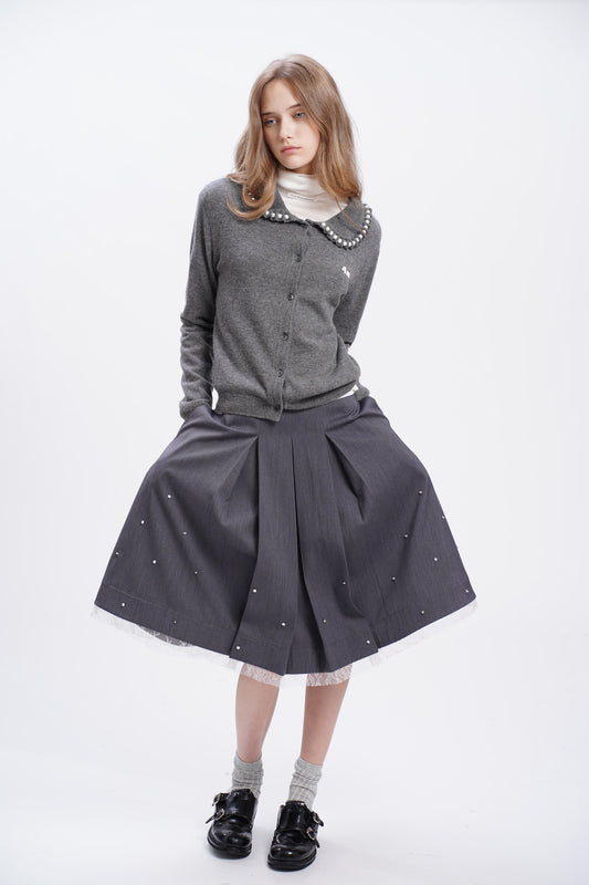 Starry Sky Beaded Lace Patchwork Midi Skirt