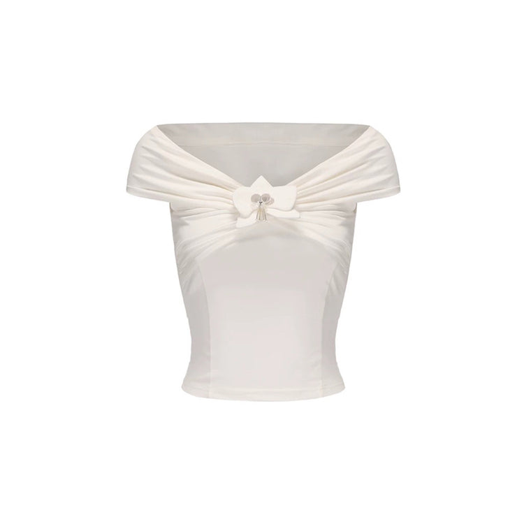 Off-Shoulder Phalaenopsis Knitted Top