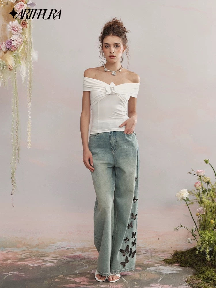 Off-Shoulder Phalaenopsis Knitted Top