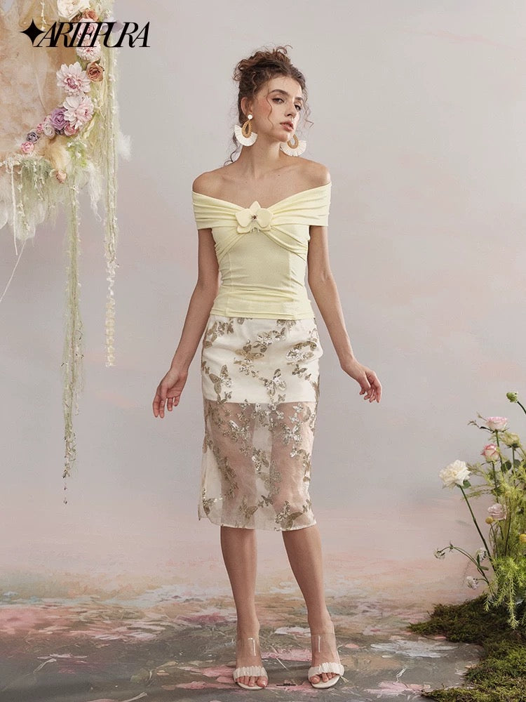 Off-Shoulder Phalaenopsis Knitted Top