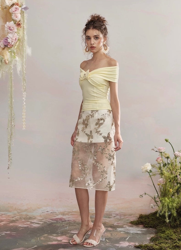 Off-Shoulder Phalaenopsis Knitted Top
