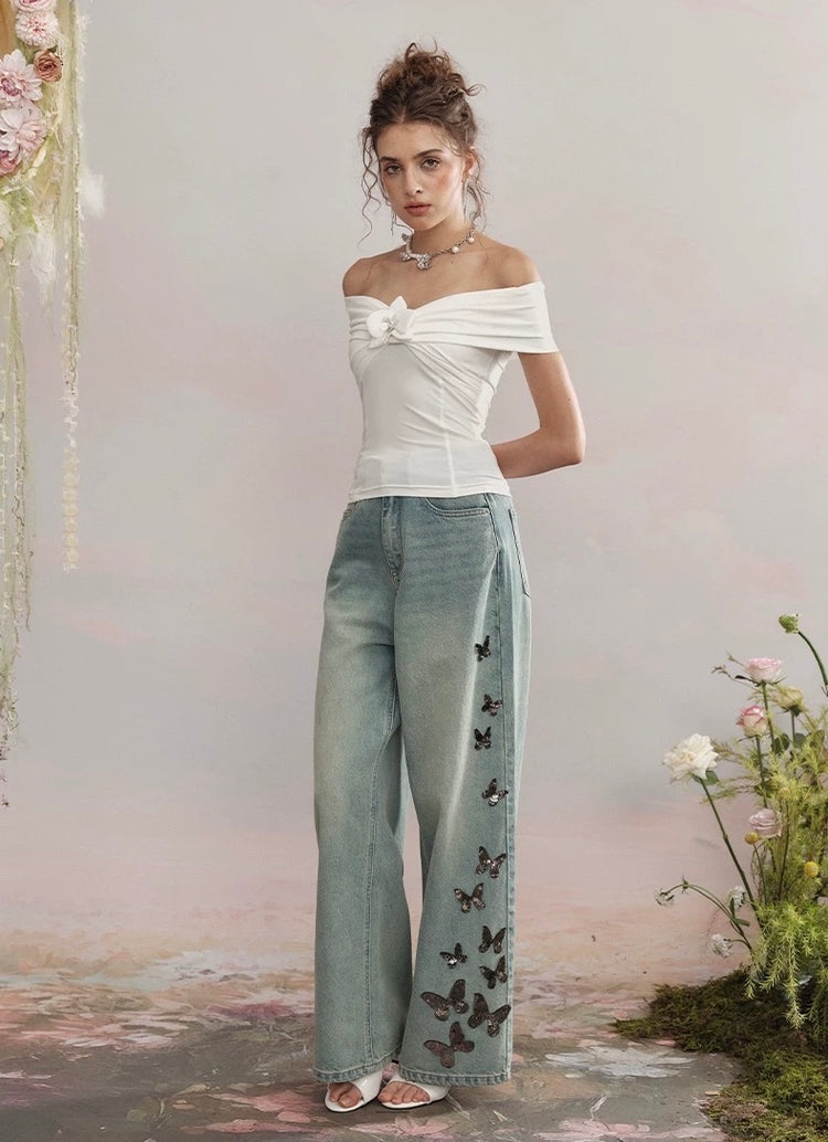 Off-Shoulder Phalaenopsis Knitted Top