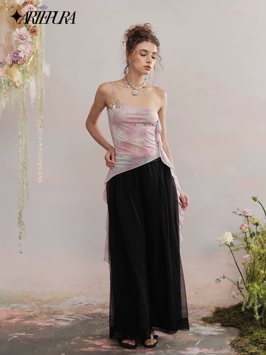 Asymmetric Ribbon Shimmer Camisole Top