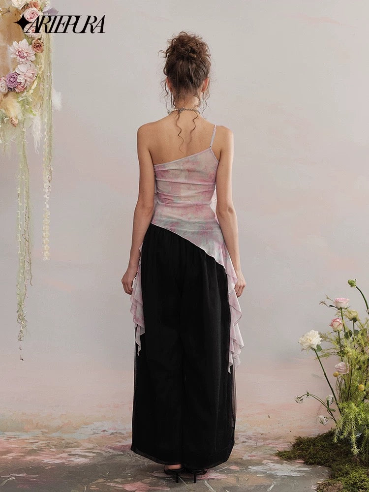 Asymmetric Ribbon Shimmer Camisole Top