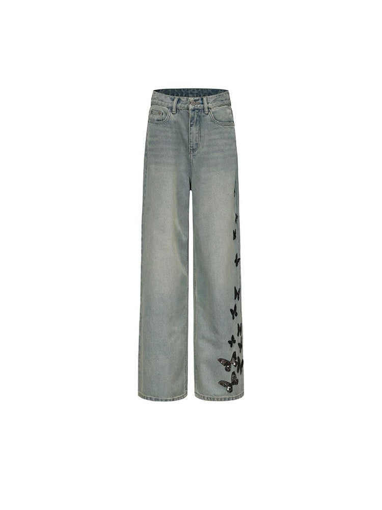 Butterfly Sequin Wide-Leg Jeans