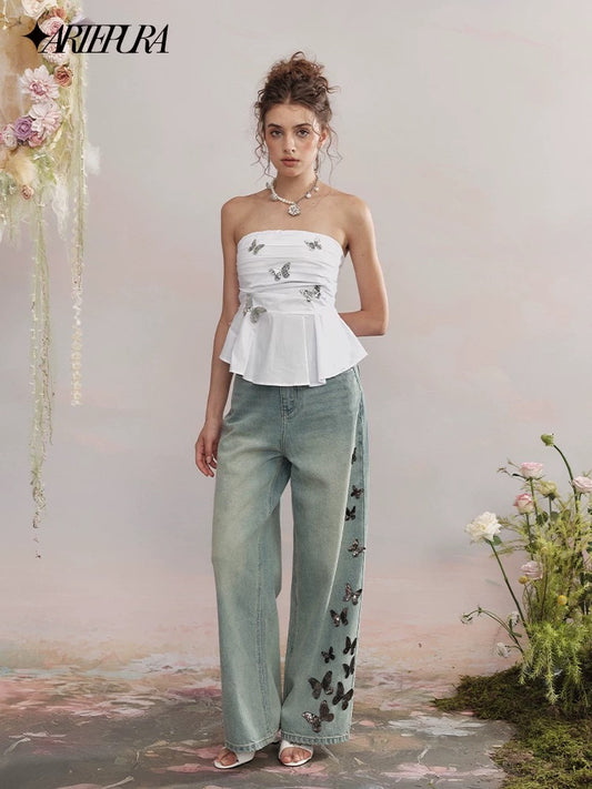 Butterfly Sequin Wide-Leg Jeans