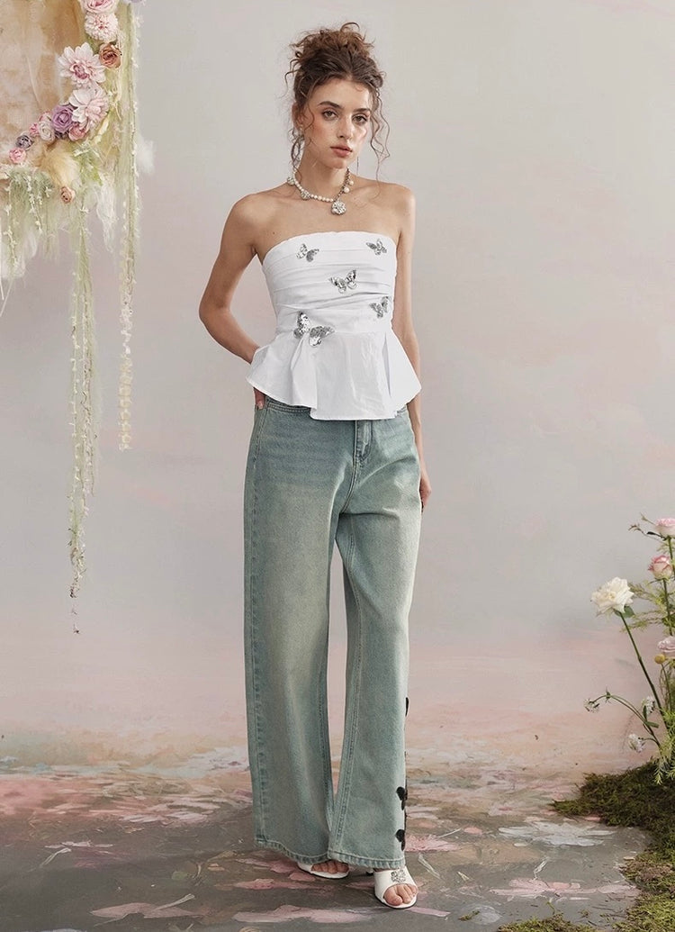 Butterfly Sequin Wide-Leg Jeans