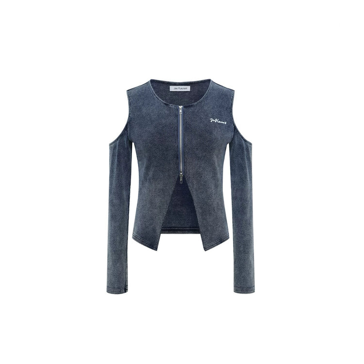 Washed Knit Denim Off-Shoulder Top