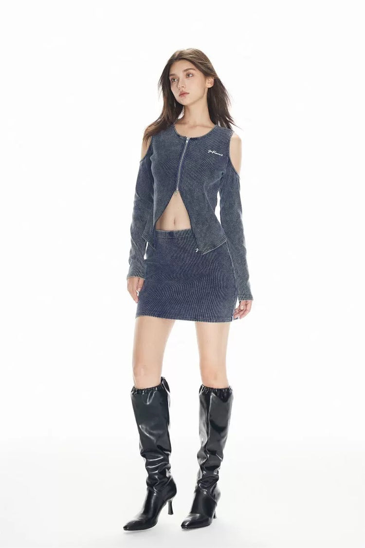 Washed Knit Denim Skirt