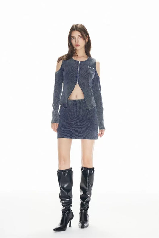 Washed Knit Denim Skirt