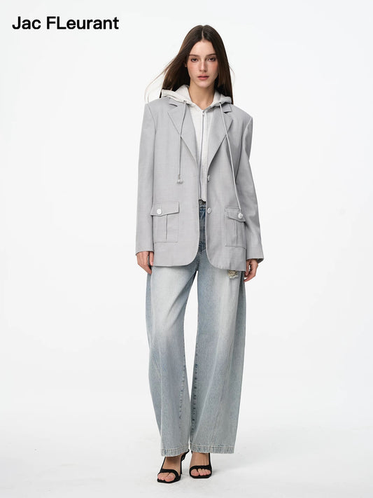 Fake Two-Piece Patchwork Hoodie Blazer Jacket