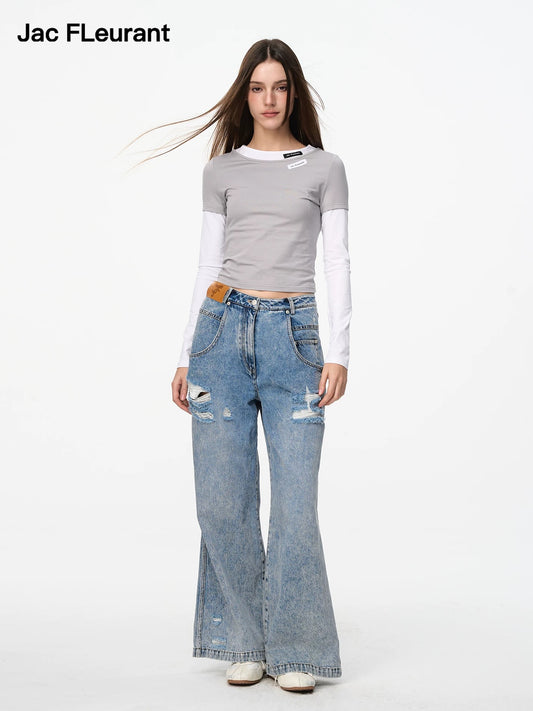 Gray And White Patchwork Long Sleeve T-Shirt