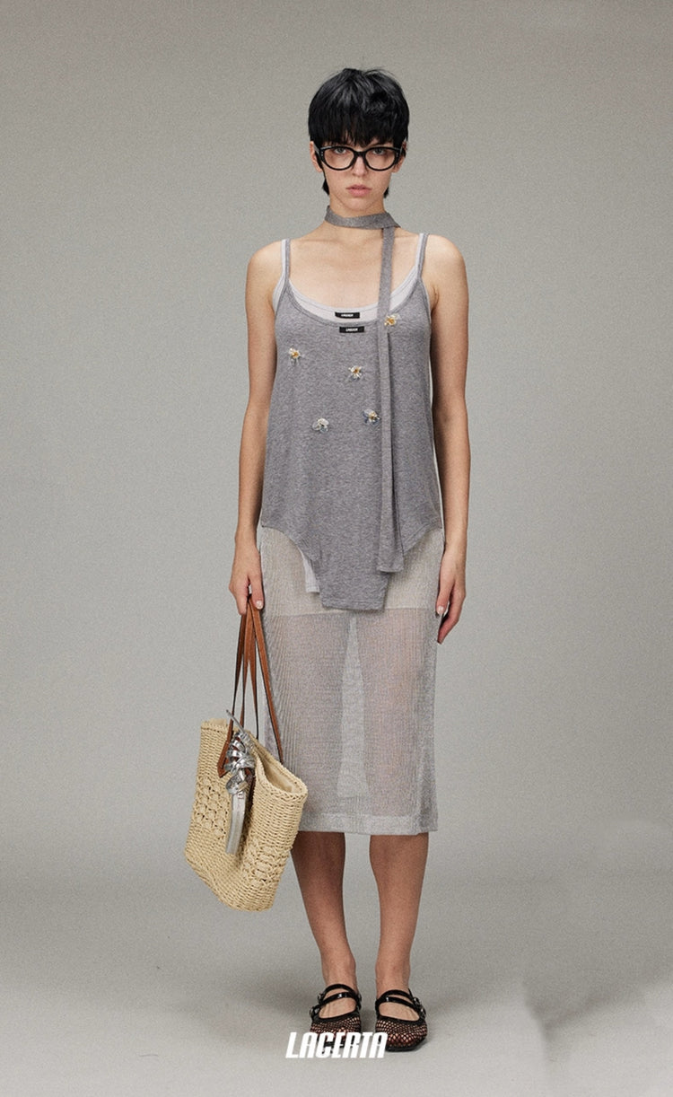 Sequin Flowers Ribbon Two-Piece Camisole Set