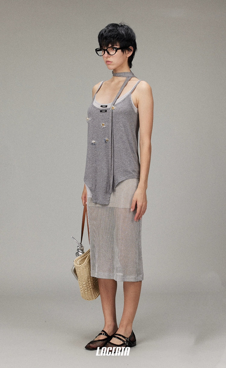 Sequin Flowers Ribbon Two-Piece Camisole Set