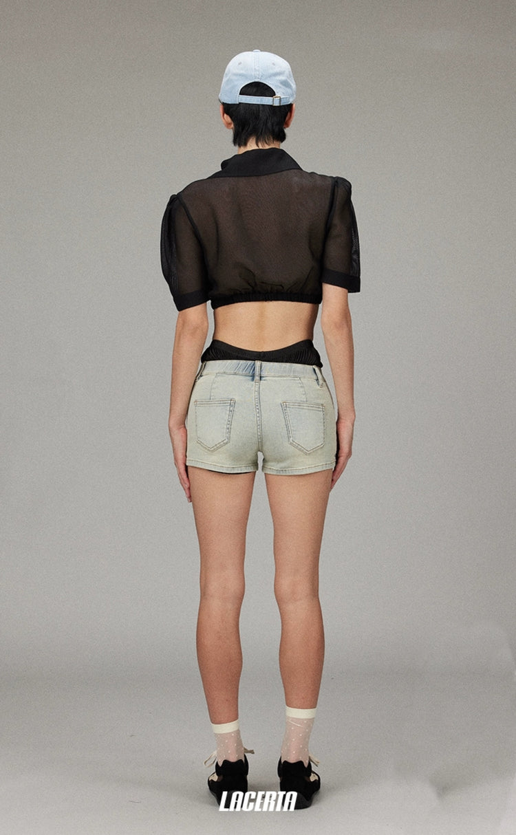 Double Waistband Denim Shorts