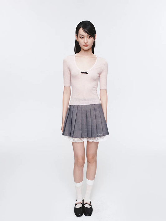 Lace Patchwork Embroidered Logo Pleated Skirt