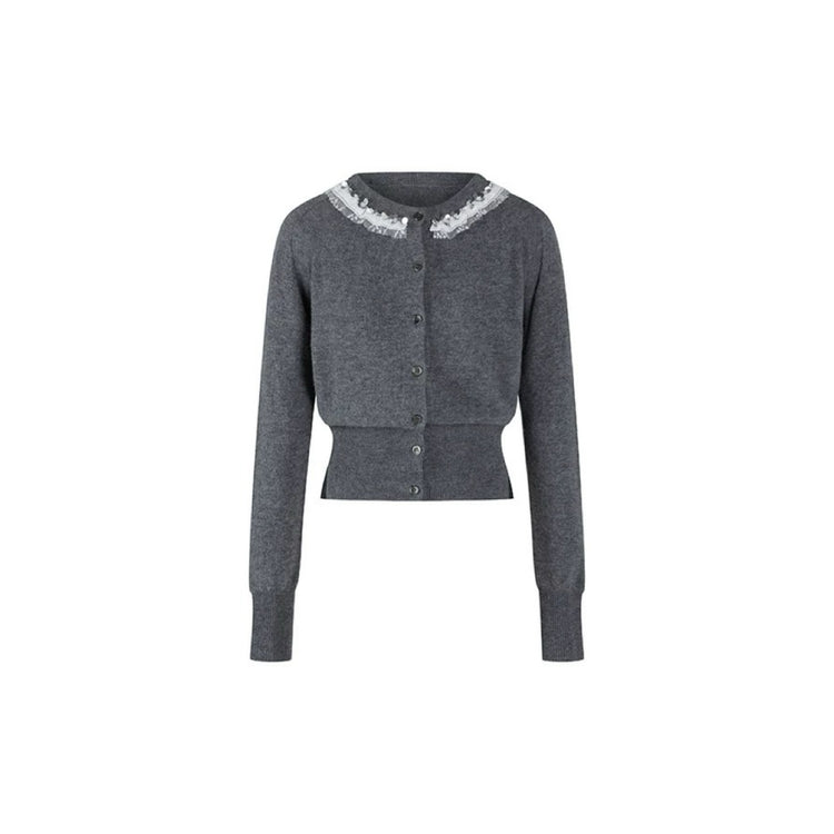 3D Beaded Flowers Lace Patchwork Knit Cardigan