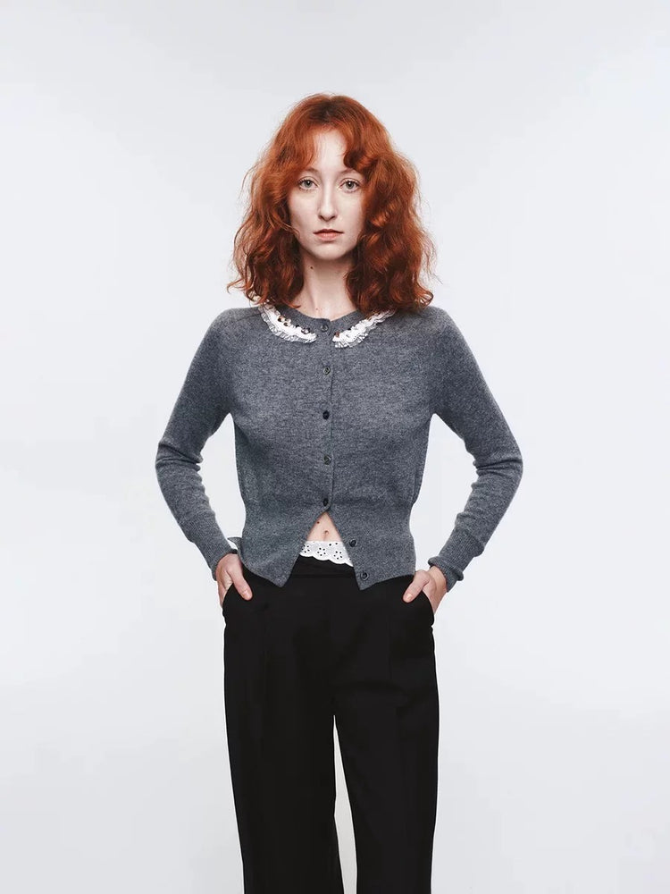 3D Beaded Flowers Lace Patchwork Knit Cardigan