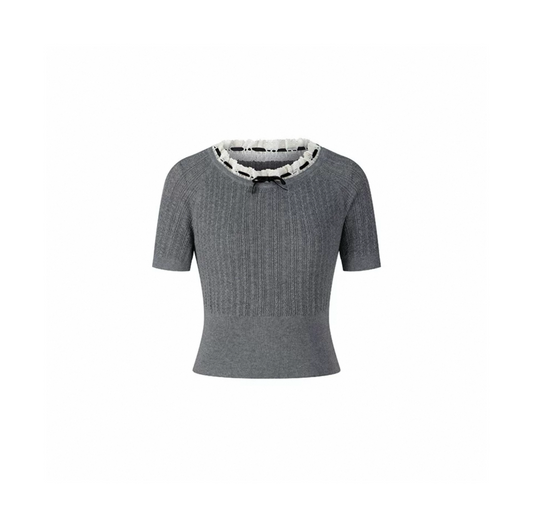 Lace Collar Bow Drawstring Knit Top