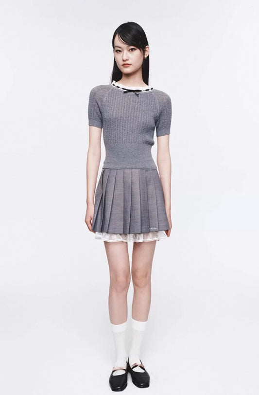 Lace Collar Bow Drawstring Knit Top