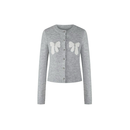 Contrast Color Bow Round Neck Knit Cardigan