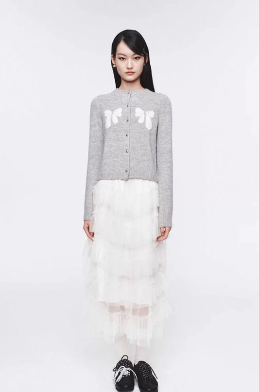 Contrast Color Bow Round Neck Knit Cardigan