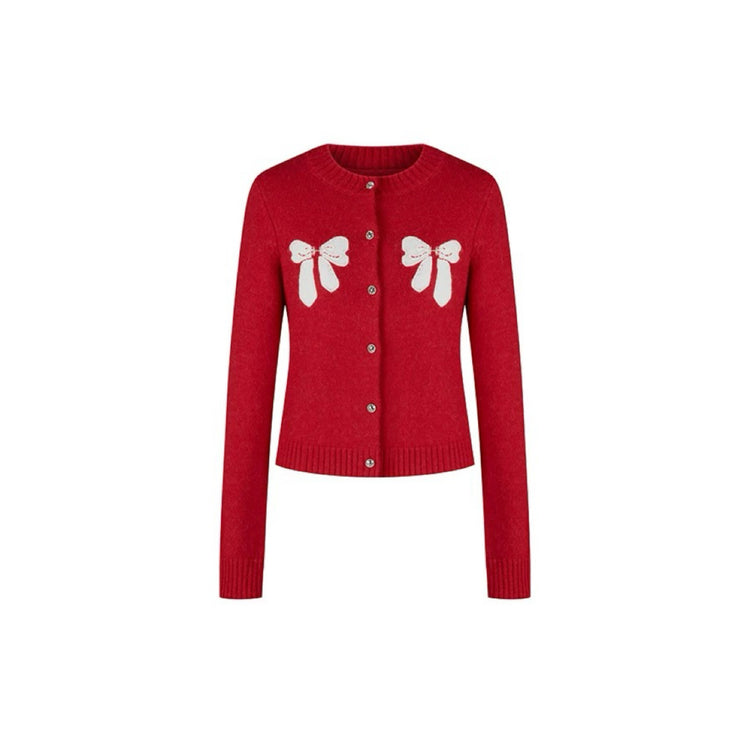 Contrast Color Bow Round Neck Knit Cardigan