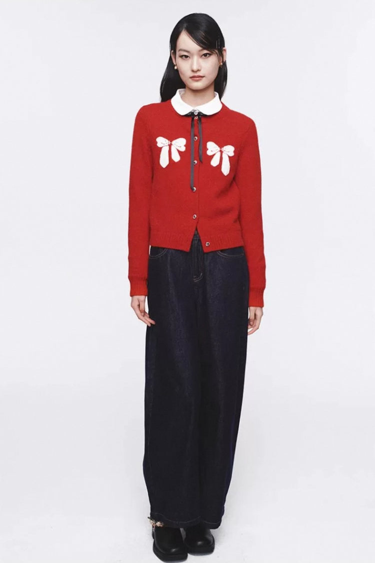 Contrast Color Bow Round Neck Knit Cardigan