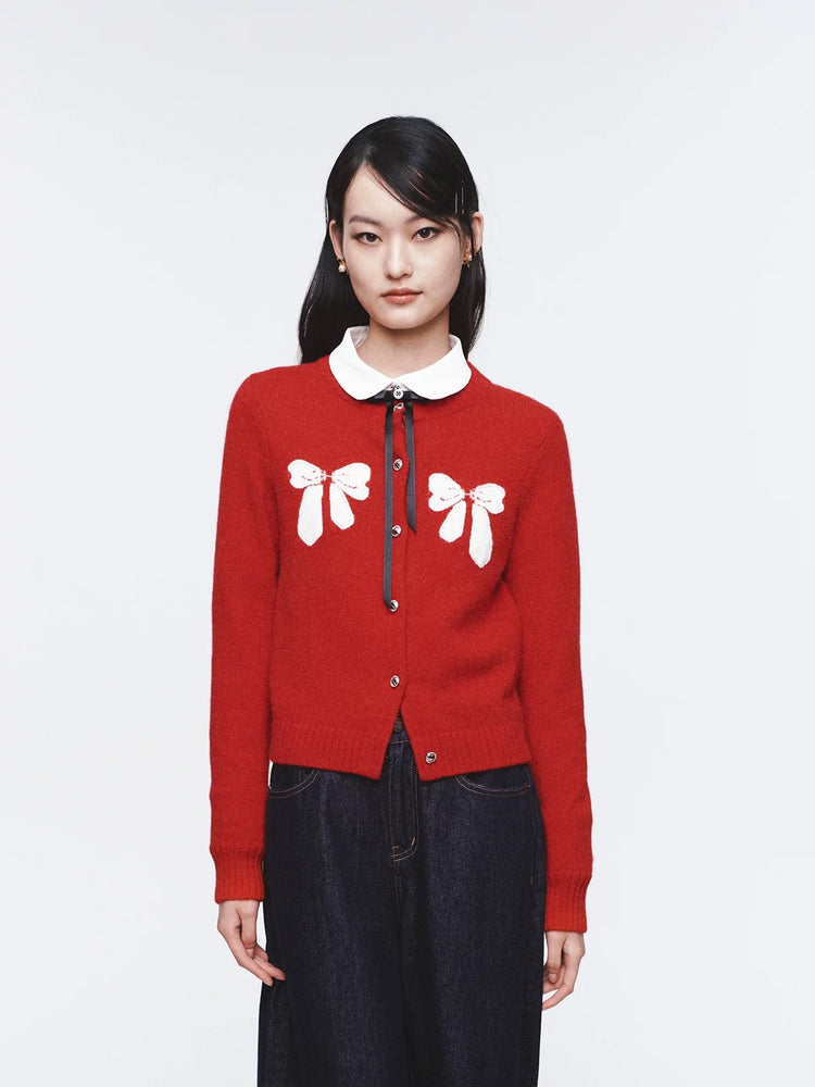 Contrast Color Bow Round Neck Knit Cardigan