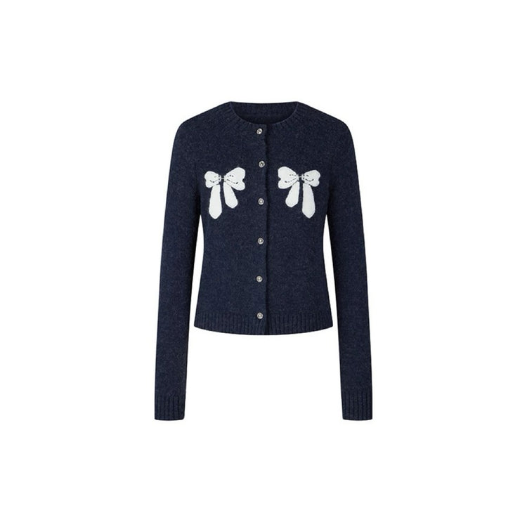 Contrast Color Bow Round Neck Knit Cardigan
